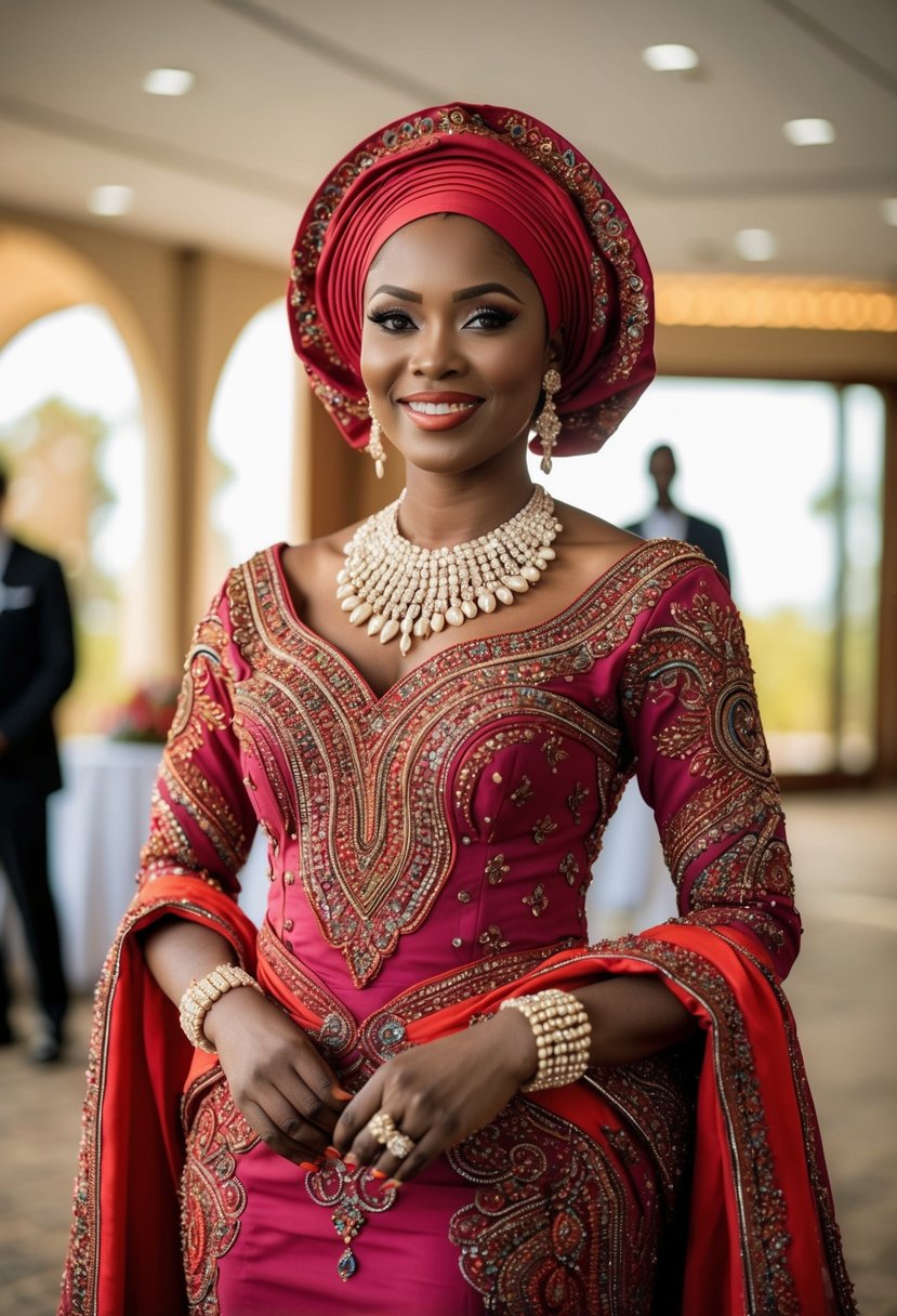 A bride wearing a vibrant Aso-Oke bridal attire with intricate embroidery and beading, complemented by a matching headpiece and accessories. Rich cultural elements and traditional patterns