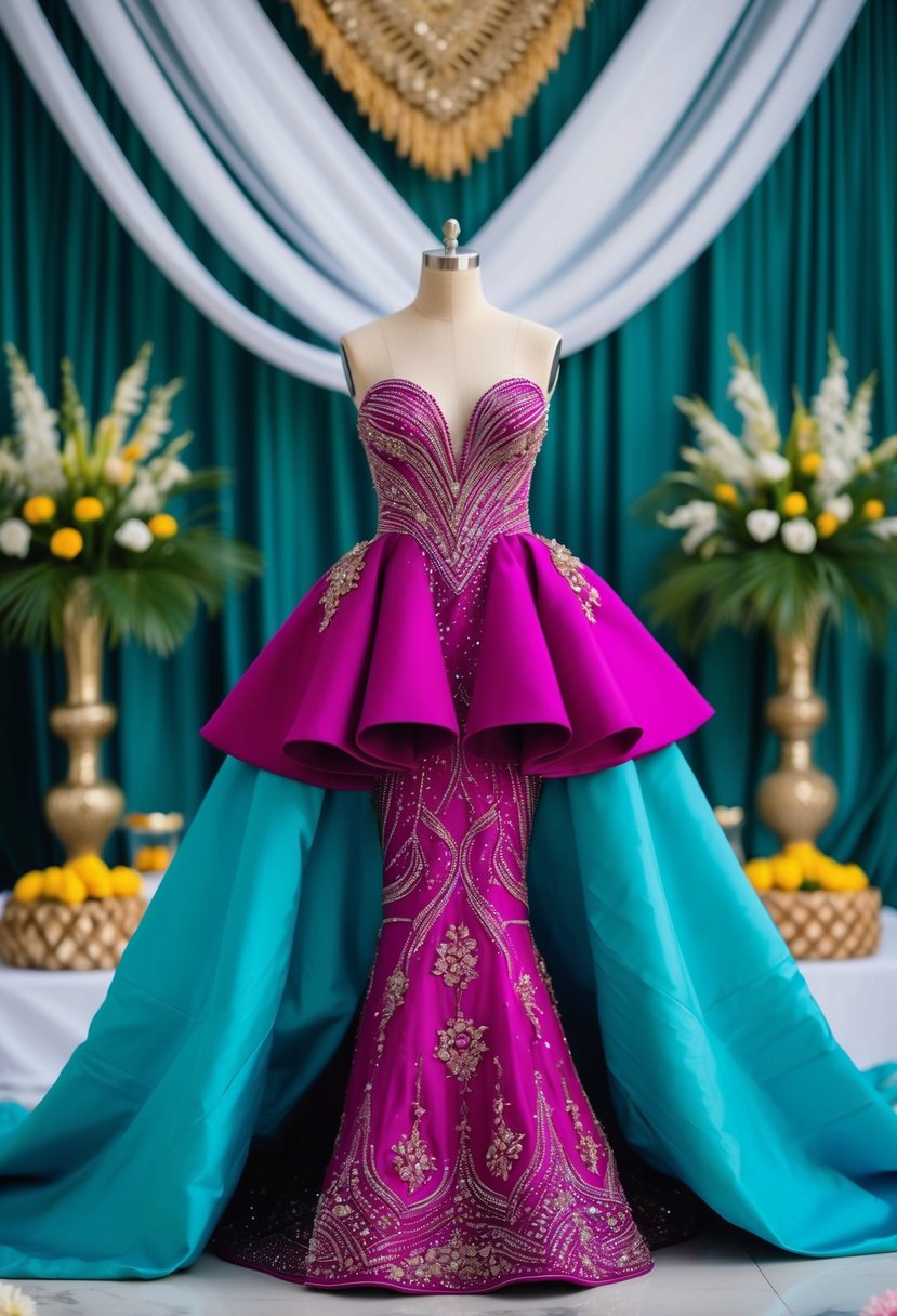 A vibrant peplum gown adorned with intricate beadwork and flowing fabric, set against a backdrop of traditional Nigerian wedding decor