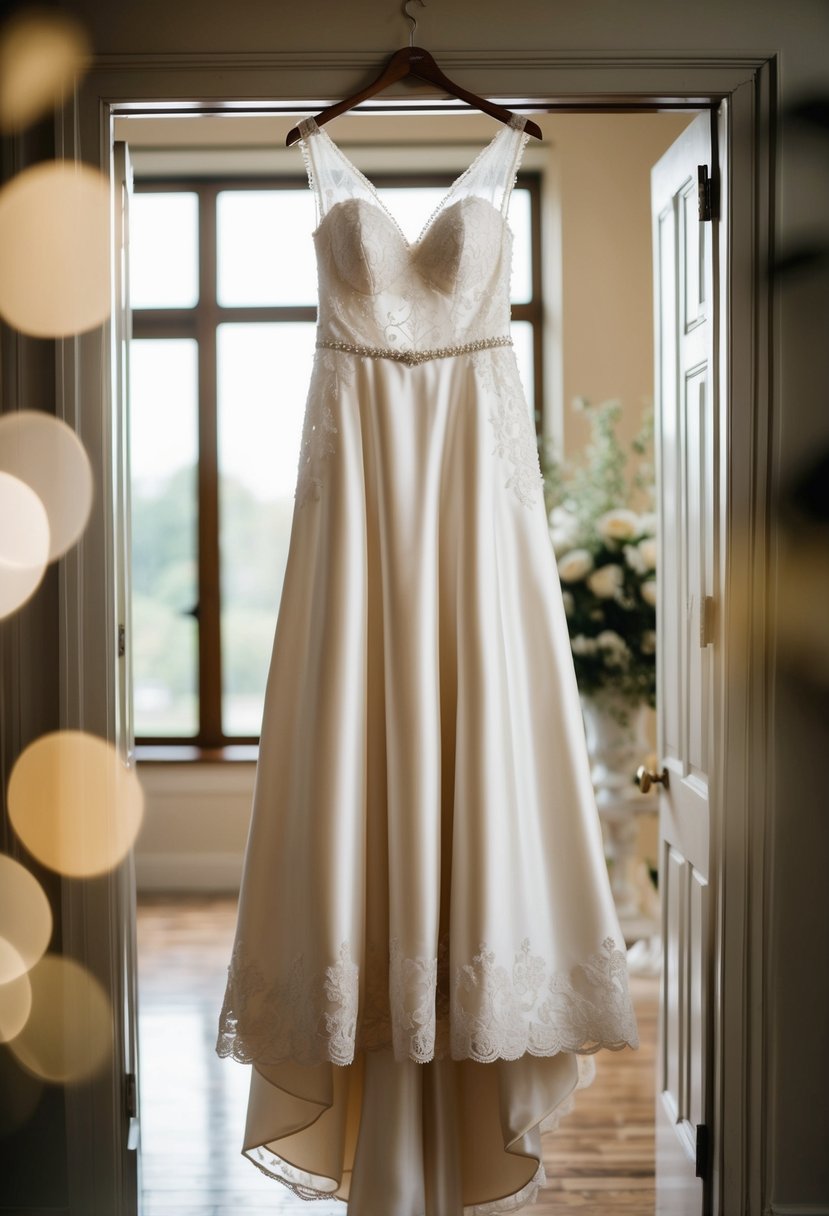 A flowing silk A-line wedding dress hangs from a vintage wooden hanger, adorned with delicate lace and intricate beadwork