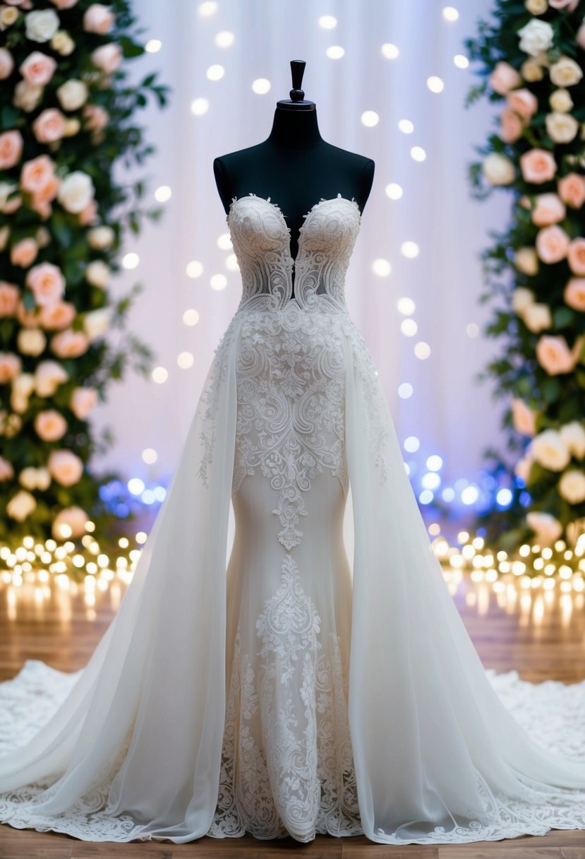 A flowing white gown with intricate lace details, a long train, and a sweetheart neckline, set against a backdrop of blooming roses and twinkling lights