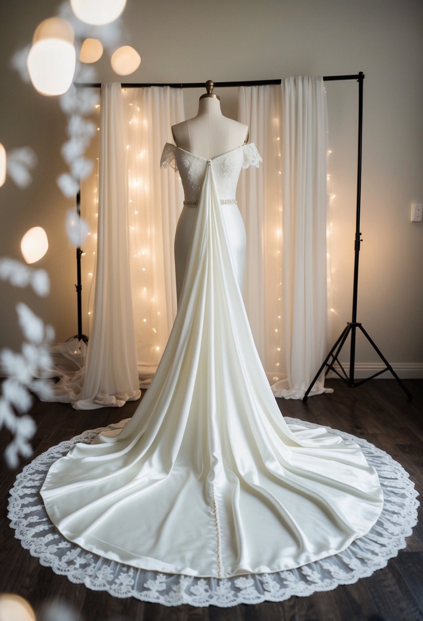 A flowing off-shoulder silk bridal gown draped over a mannequin, surrounded by soft lighting and delicate lace details