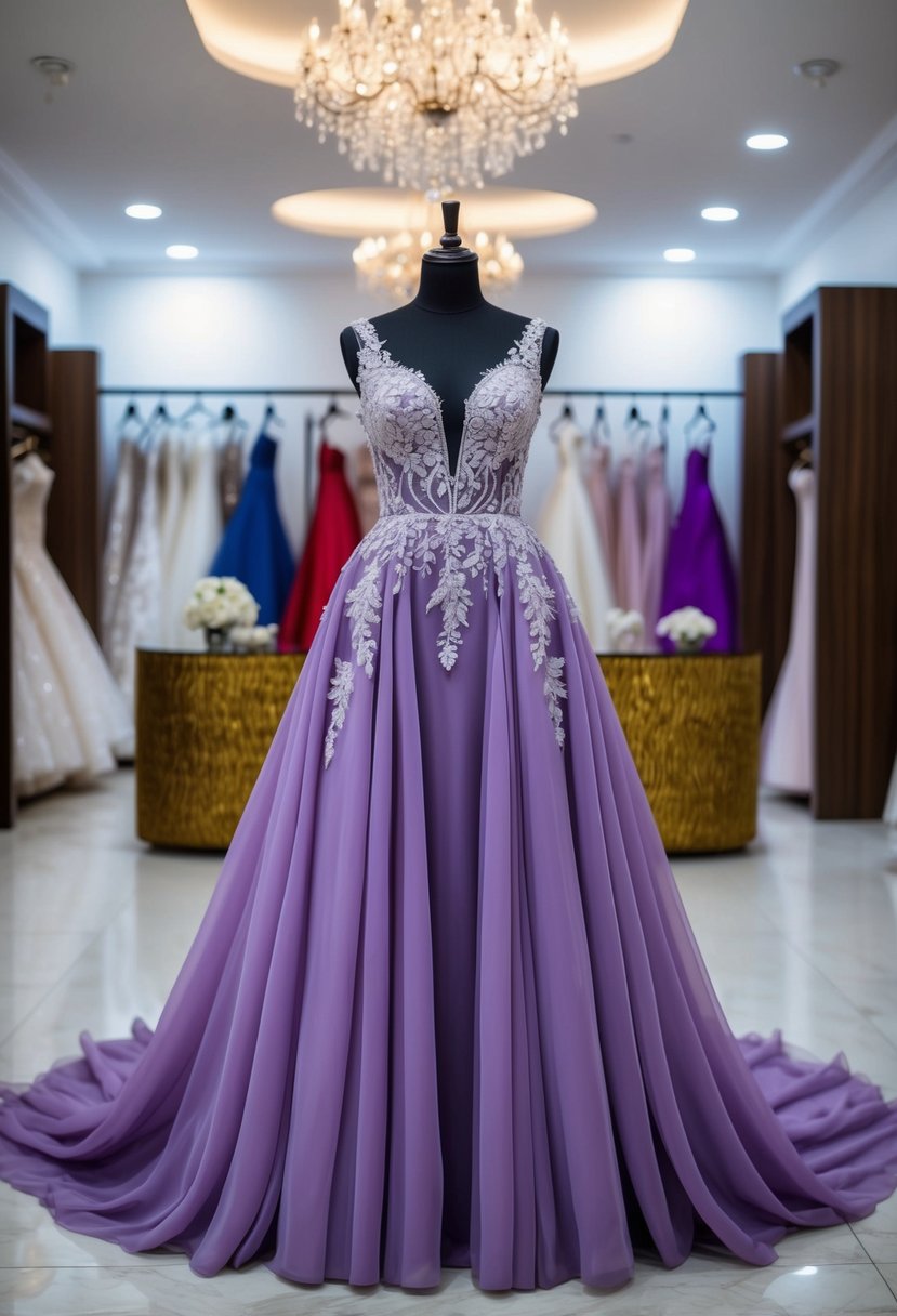 A flowing, violet couture wedding dress displayed on a mannequin in a luxurious Nigerian wedding boutique