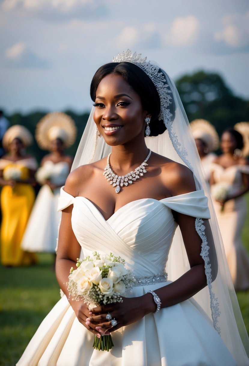 A bride wearing a classic sweetheart neckline gown at a traditional Nigerian wedding