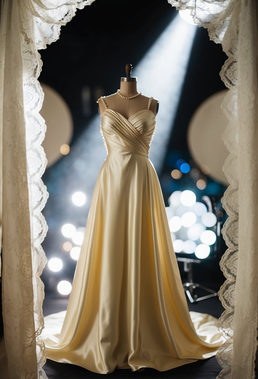 A spotlight shines on a satin taffeta gown draped over a vintage mannequin, surrounded by delicate lace and pearls