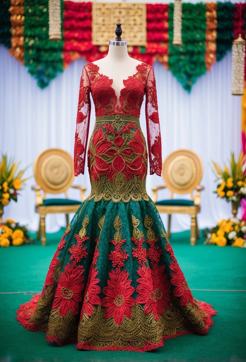 A vibrant, long sleeve lace dress in various shades of red, green, and gold, adorned with intricate patterns and details, set against a backdrop of traditional Nigerian wedding decor