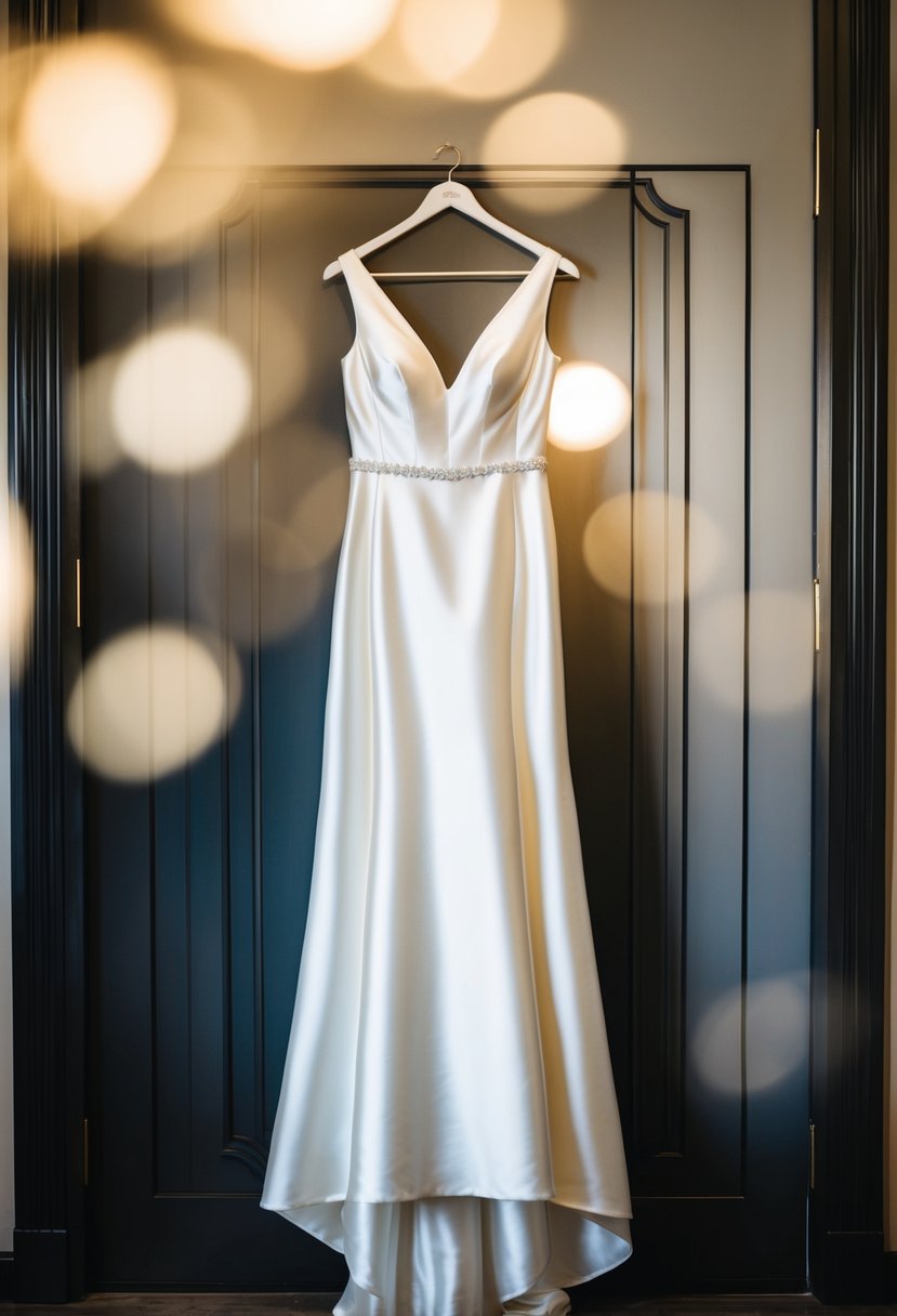 A silk wedding dress hangs on a satin hanger, catching the light with its smooth, luxurious finish