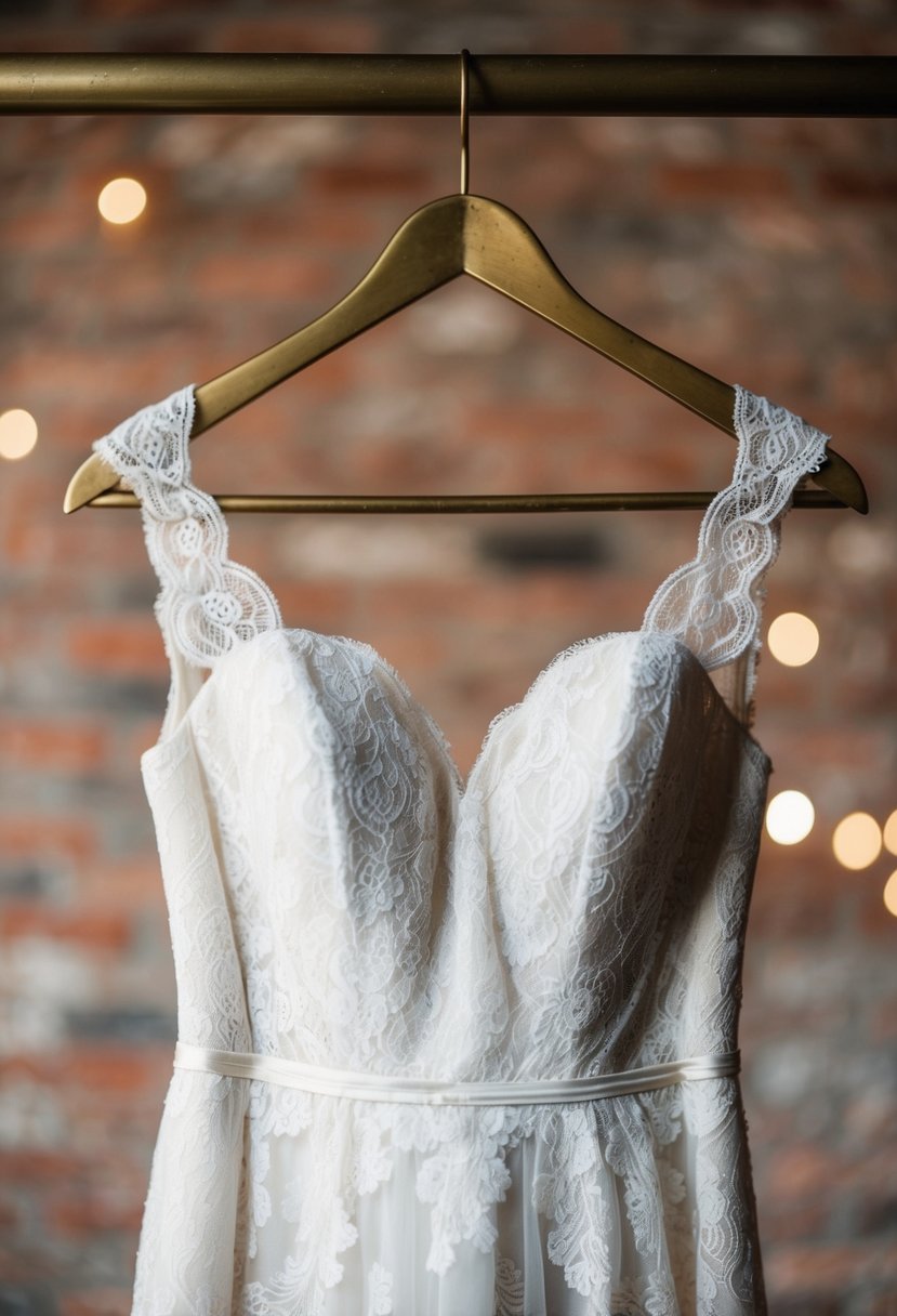 An A-line lace wedding dress hanging on a vintage brass hanger