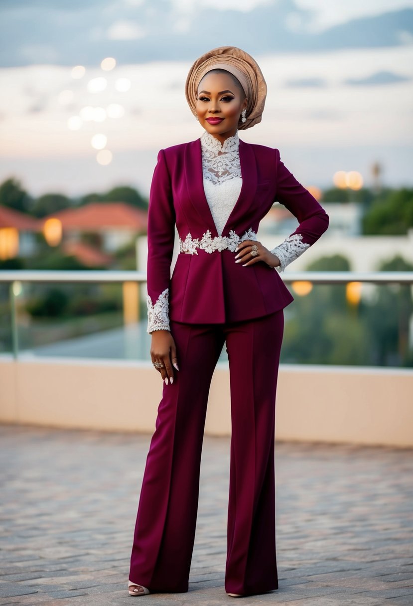 A modern pantsuit bridal look with Nigerian wedding dress influences