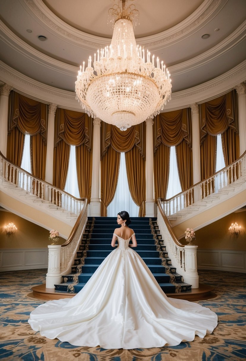 A grand ballroom with a sparkling chandelier, opulent curtains, and a regal staircase, showcasing a flowing Mikado ball gown in the center