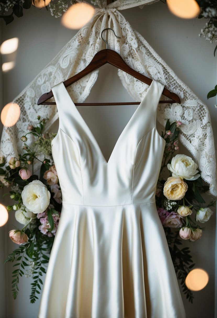 A V-neck silk fit and flare dress hanging on a vintage wooden hanger, surrounded by delicate lace and floral accents