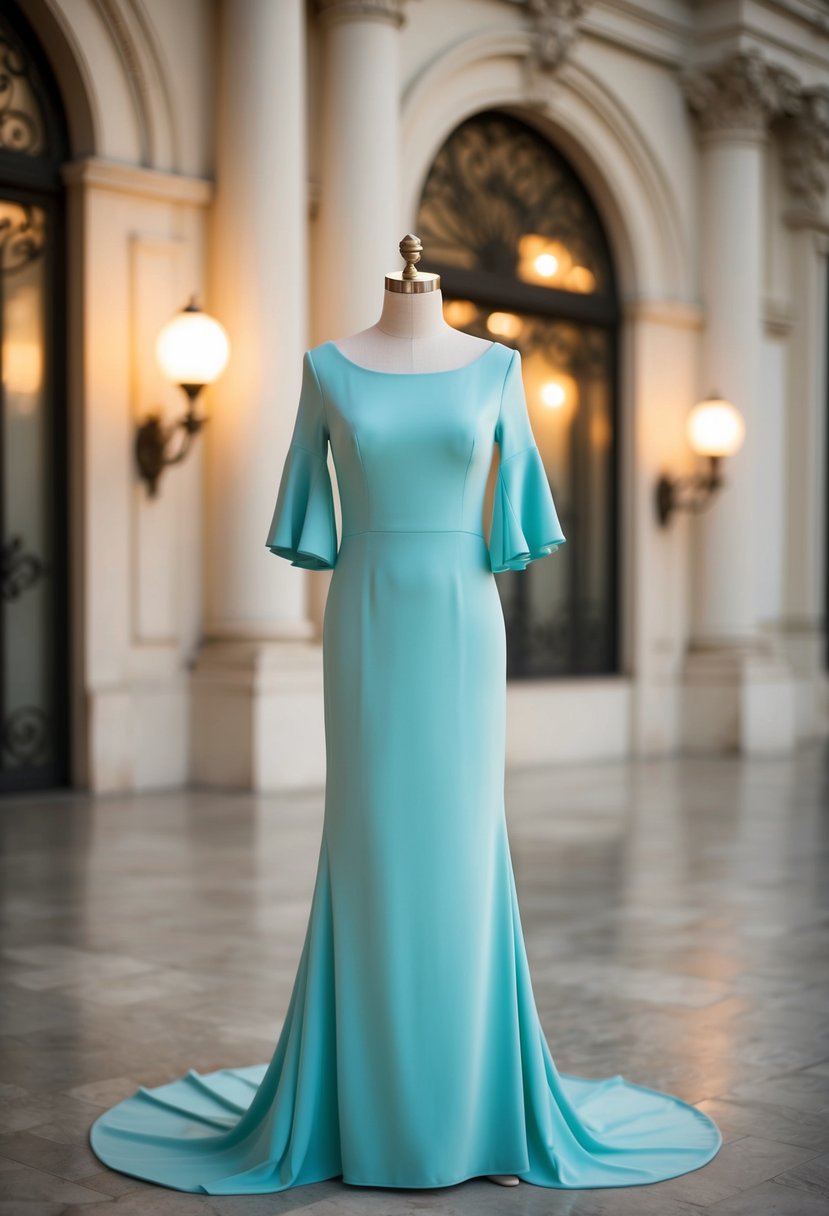 A mannequin wearing a simple crepe gown with flutter sleeves, set against a classic and elegant backdrop of ornate architecture and soft lighting