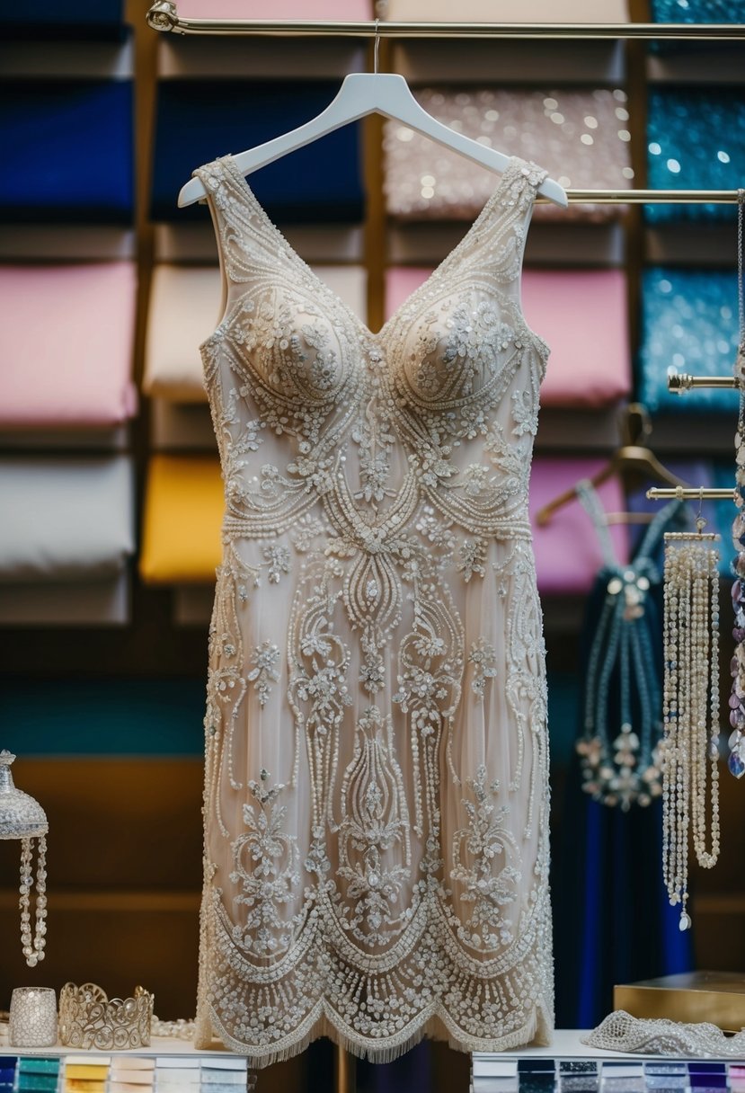 An intricate beaded lace dress hangs on a mannequin, surrounded by colorful fabric swatches and sparkling accessories