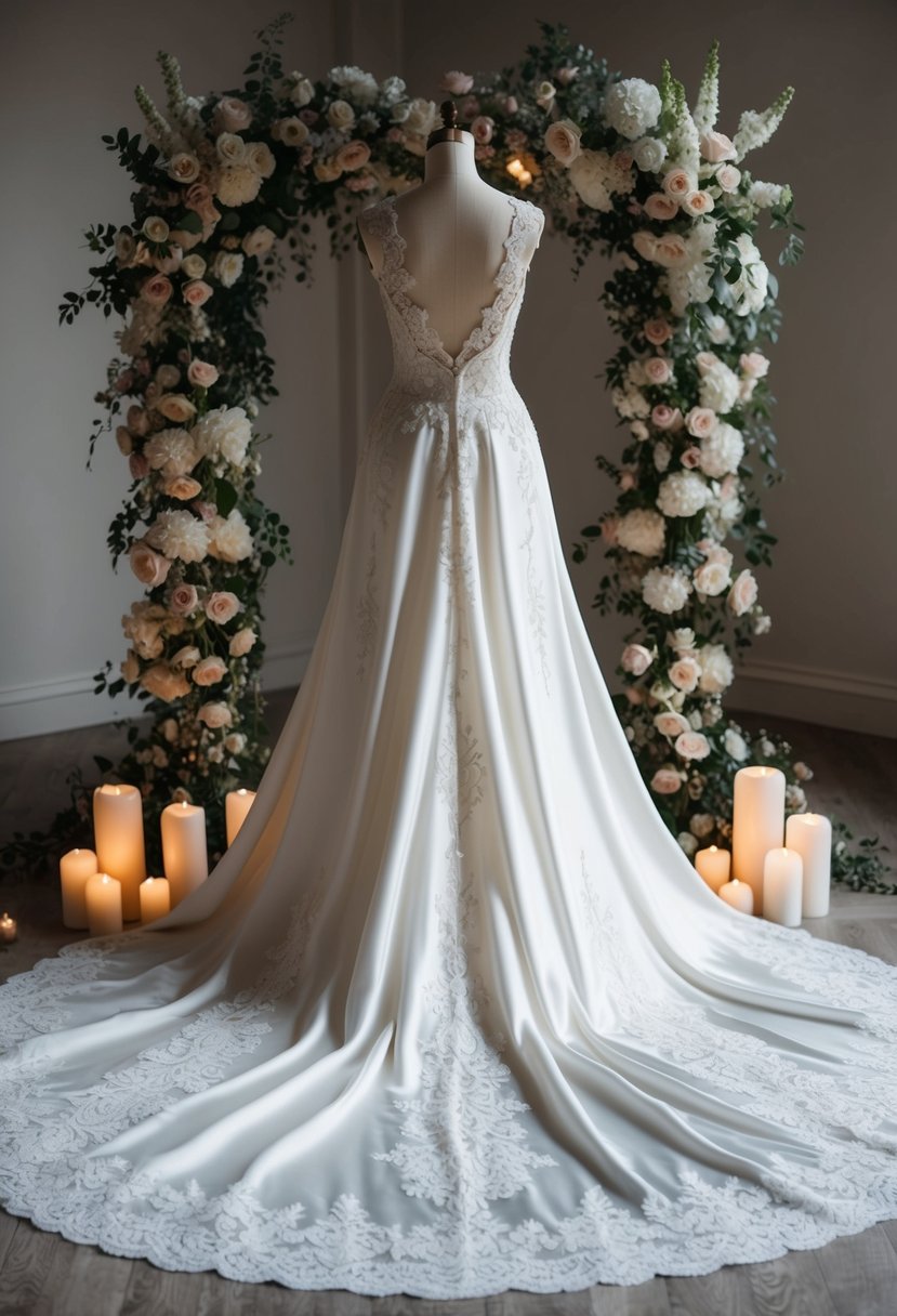 A flowing silk bridal gown with intricate lace details and a long train, surrounded by delicate floral arrangements and soft candlelight