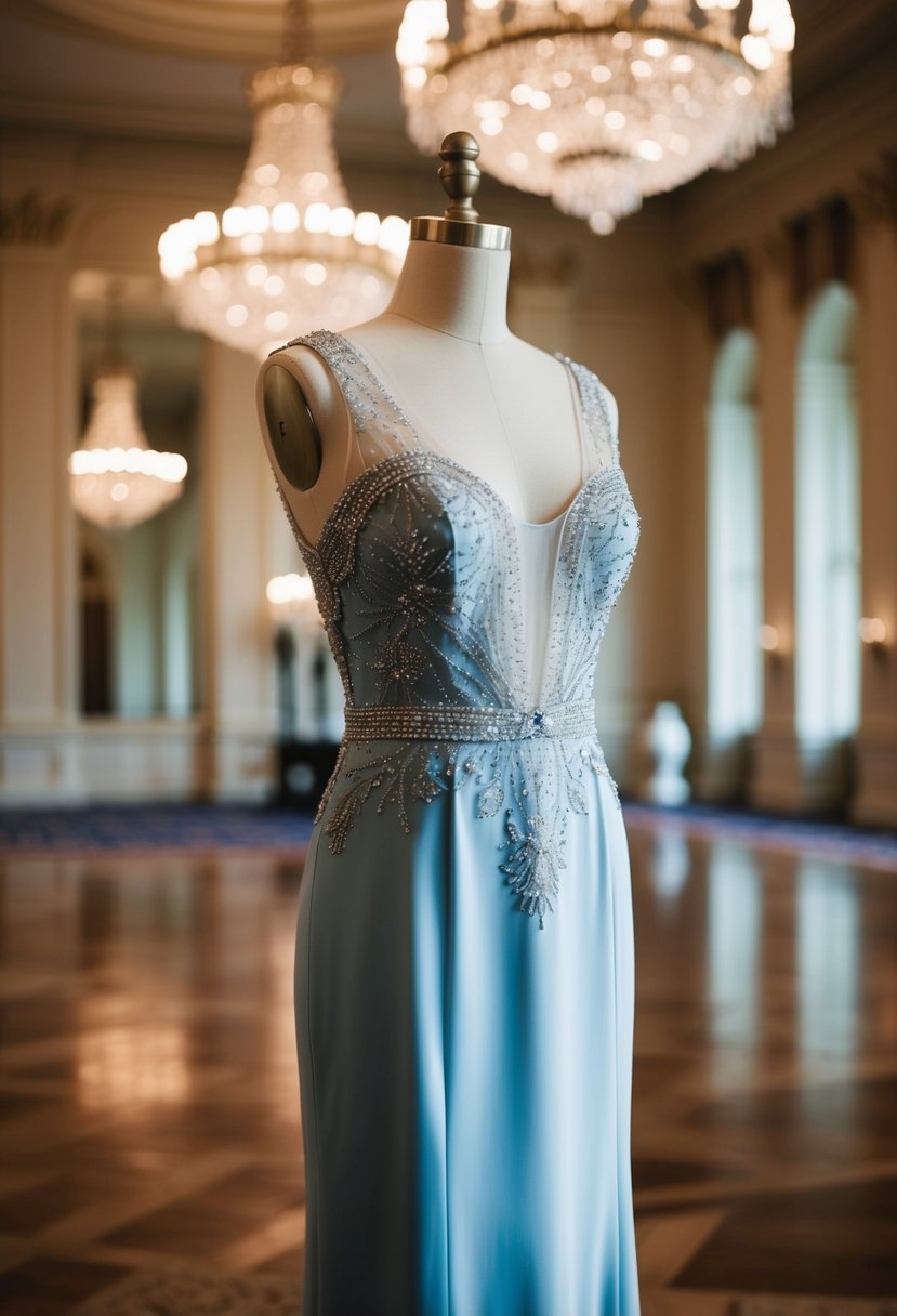 A mannequin displays a sophisticated silk sheath dress in a grand ballroom, adorned with delicate lace and intricate beading