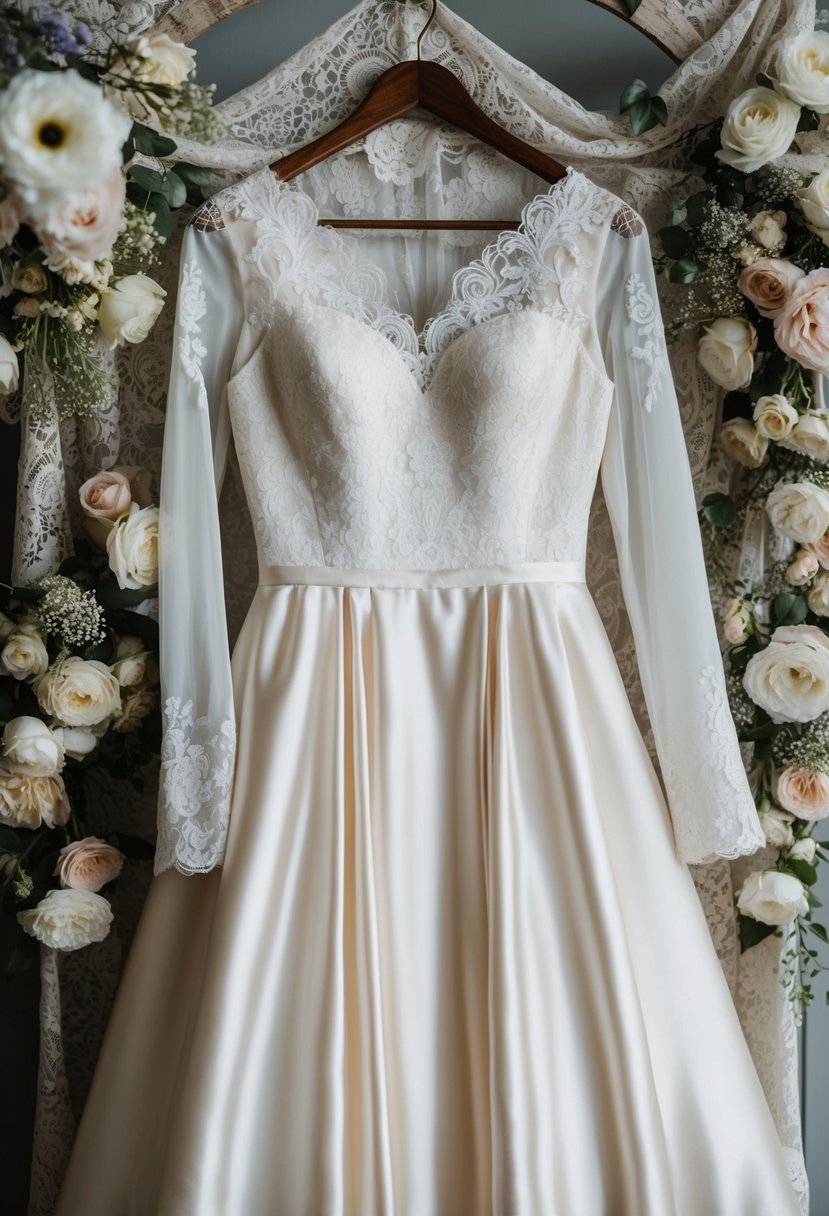 A long sleeve silk wedding dress hanging on a vintage wooden hanger, surrounded by delicate lace and floral details