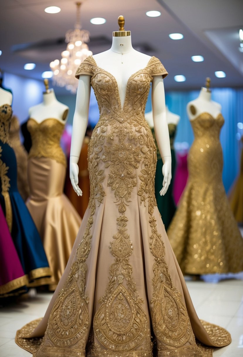 A lavish gold embroidery dress displayed on a mannequin at a Nigerian wedding boutique