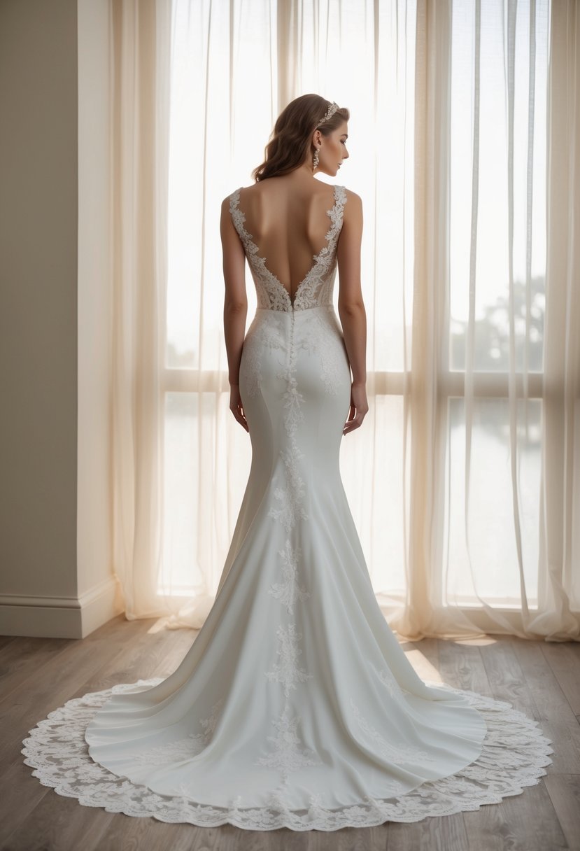 A flowing mermaid gown with delicate Chantilly lace cascading down the form-fitting silhouette, creating a classic and elegant bridal look