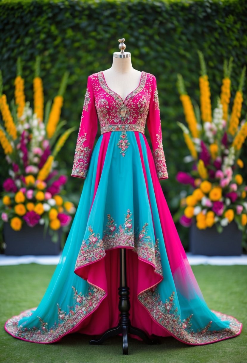 A flowing high-low hemline dress in vibrant colors, adorned with intricate embroidery and beading, set against a backdrop of lush greenery and colorful floral arrangements