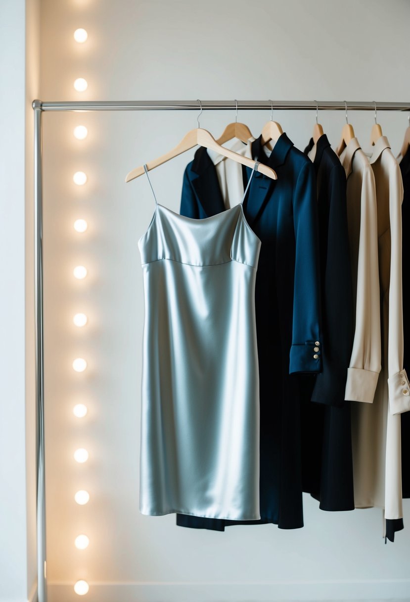 A satin slip dress hanging on a sleek, modern clothing rack in a softly lit minimalist room