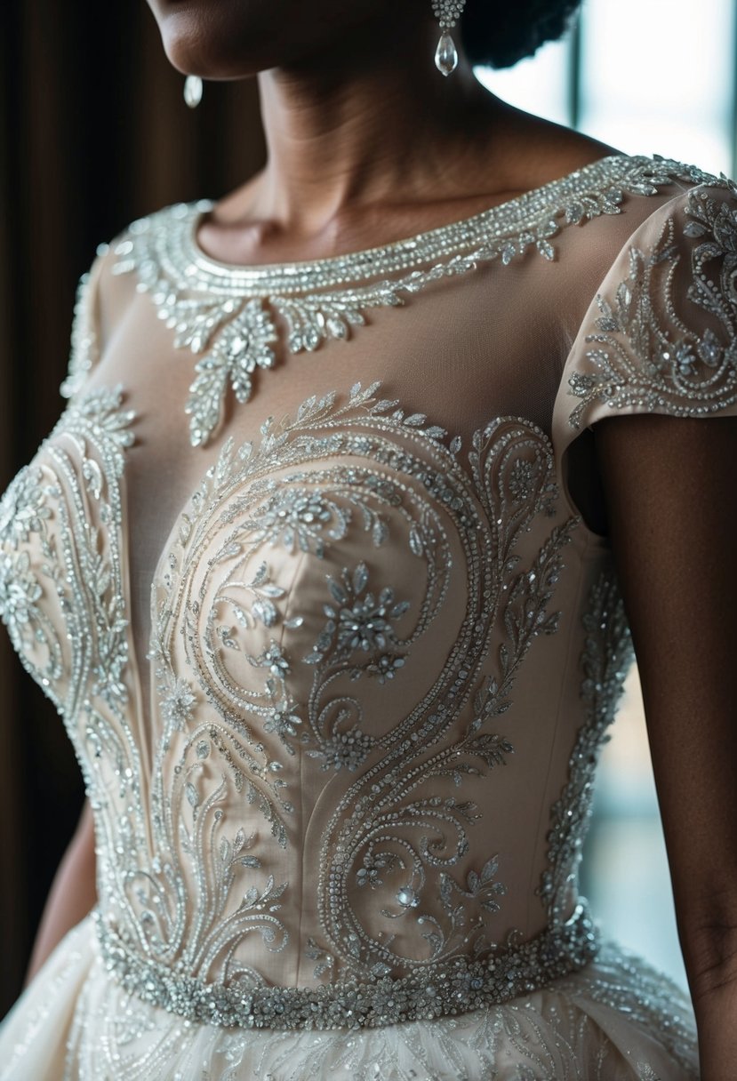 A close-up of an intricate beaded illusion bodice on a Nigeria wedding dress