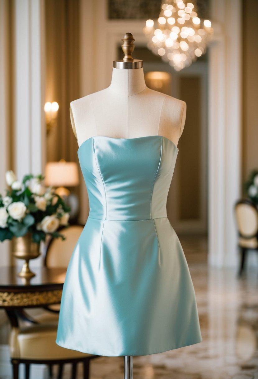 A sleek, strapless satin dress in a luxurious setting, with elegant decor and soft lighting