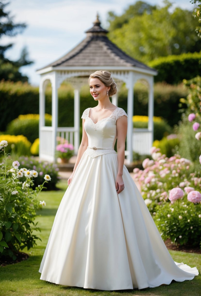 A bride in a vintage-inspired tea-length dress stands in a garden, surrounded by blooming flowers and a quaint gazebo in the background