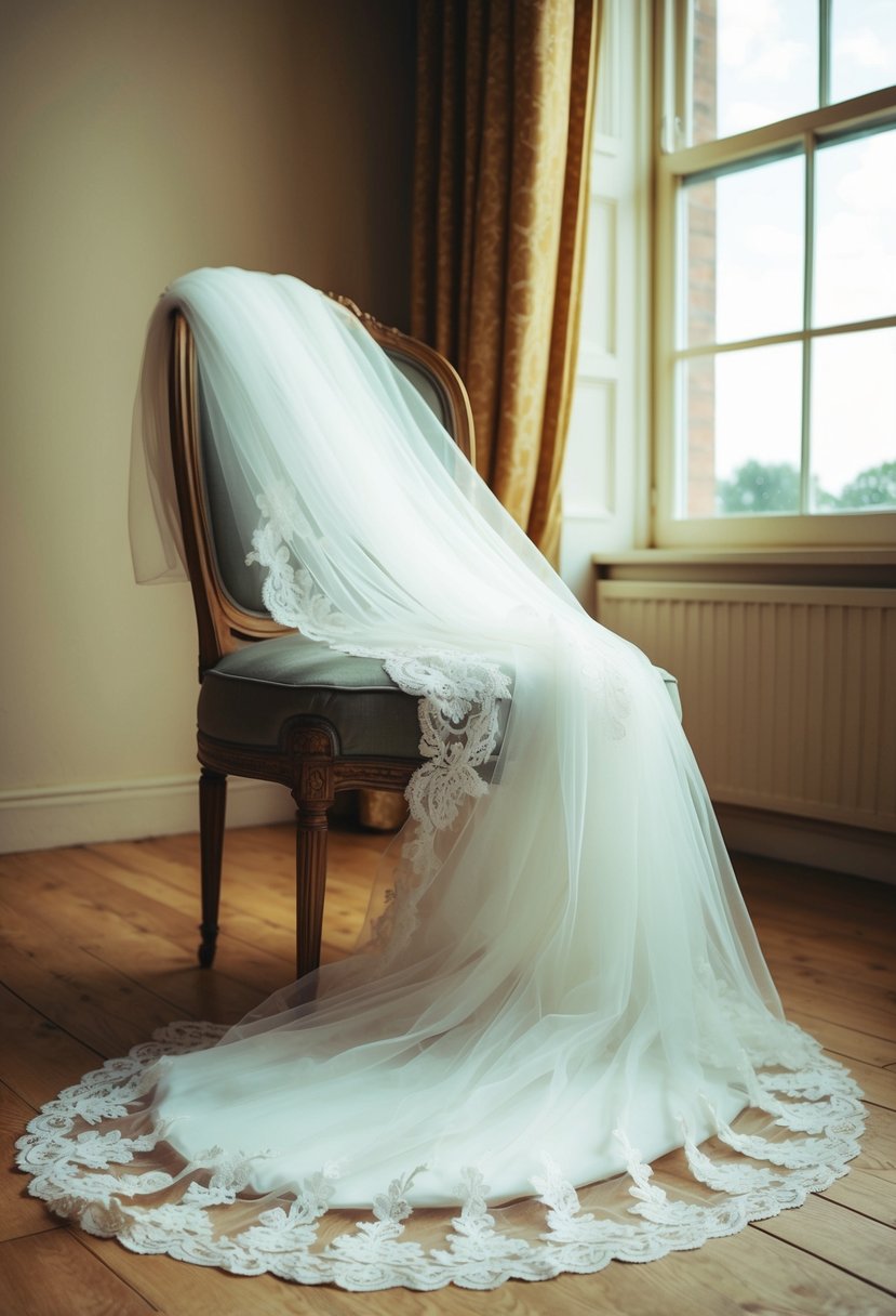 A flowing tulle and lace wedding gown draped over a vintage chair in a sunlit room