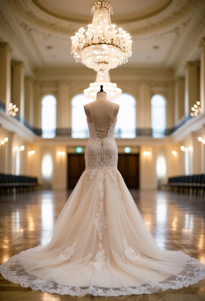 A grand ballroom with soft lighting showcases a flowing tulle and lace gown on a mannequin, exuding classic elegance