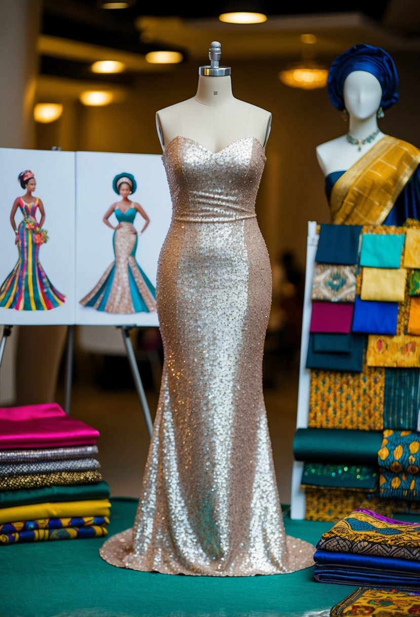 A shimmering sequined sheath dress on a mannequin, surrounded by colorful fabric swatches and sketches of traditional Nigerian wedding attire