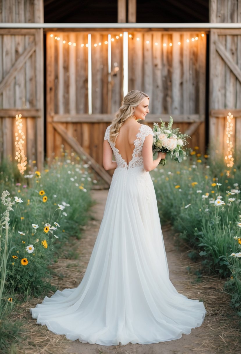 A bride in a flowing, lace-trimmed white gown stands in a rustic barn adorned with wildflowers and twinkle lights