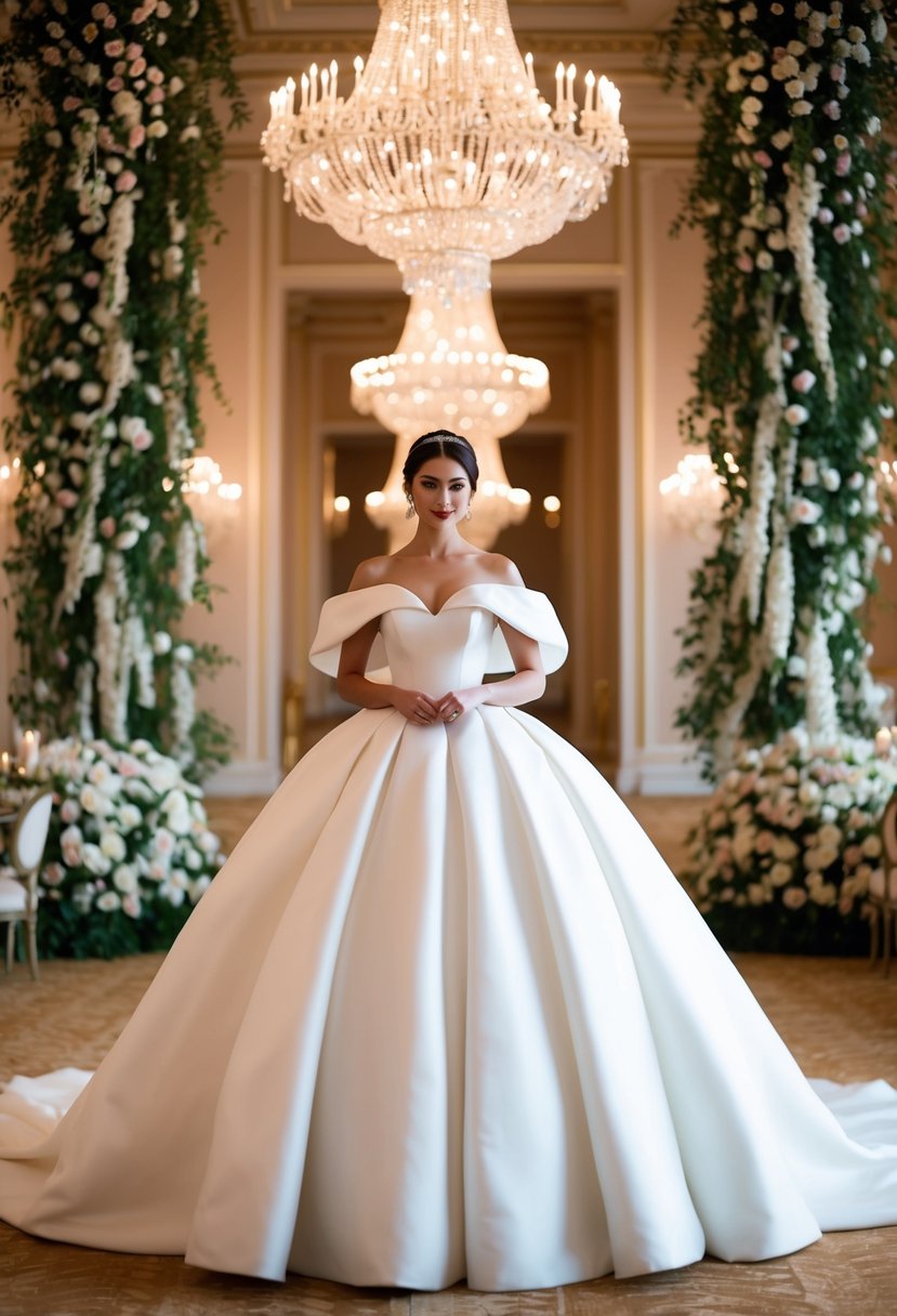 A bride in a billowing off-the-shoulder ball gown stands in a grand ballroom, surrounded by opulent chandeliers and cascading floral arrangements