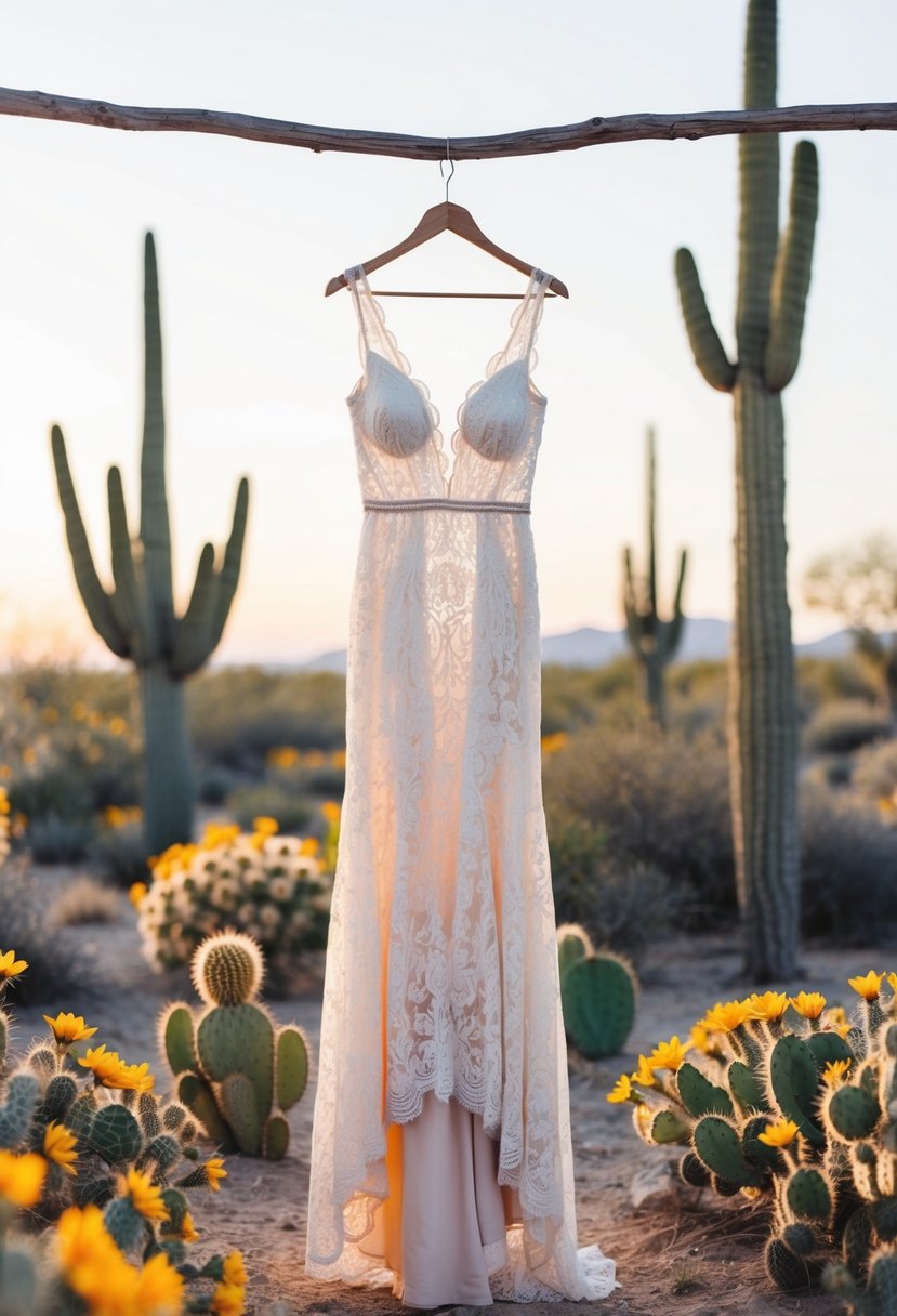 A lace boho gown hangs on a rustic wooden hanger, surrounded by wildflowers and cacti, under a desert sunset