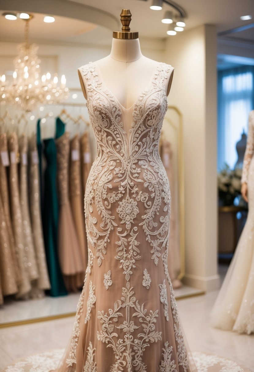 An ornate, embroidered sheath dress displayed on a mannequin in a softly lit, luxurious bridal boutique