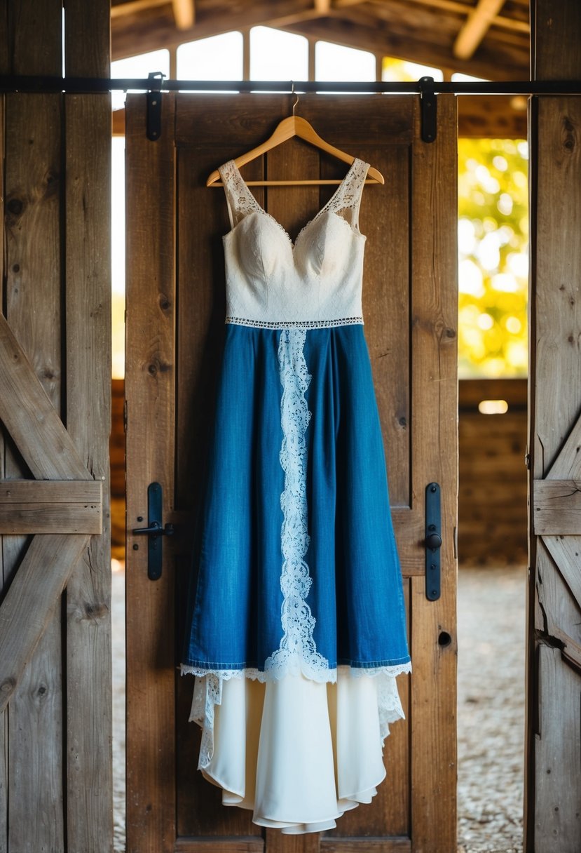 A rustic barn setting with a denim and lace wedding dress hanging on a vintage wooden door. Sunlight streams in through the cracks, casting a warm glow