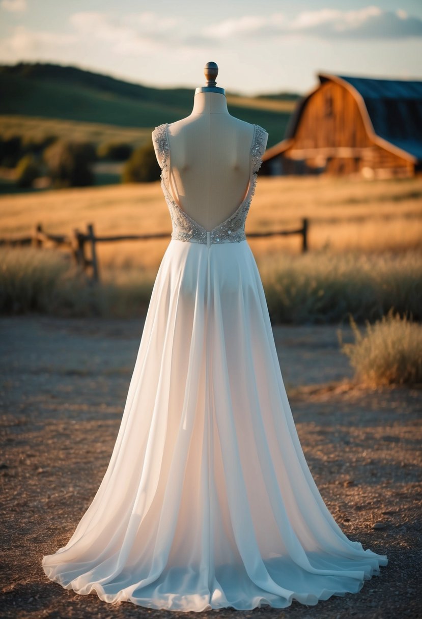 A flowing chiffon dress with a low-cut back, set against a rustic western backdrop with a barn and rolling hills