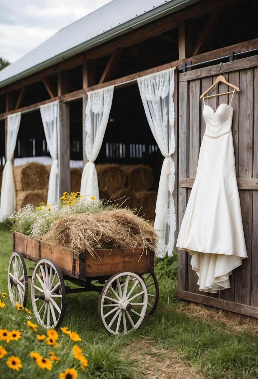 A rustic barn setting with wildflowers and lace curtains, a vintage wooden wagon filled with hay, and a classic western wedding dress hanging on a weathered wooden door