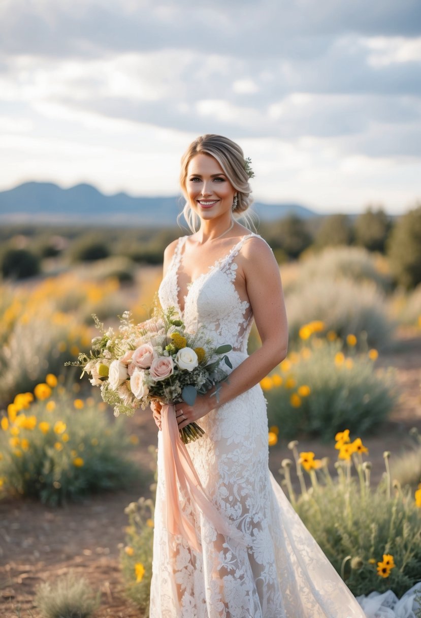 A rustic outdoor wedding with a bride in a floral lace gown, surrounded by wildflowers and a western landscape