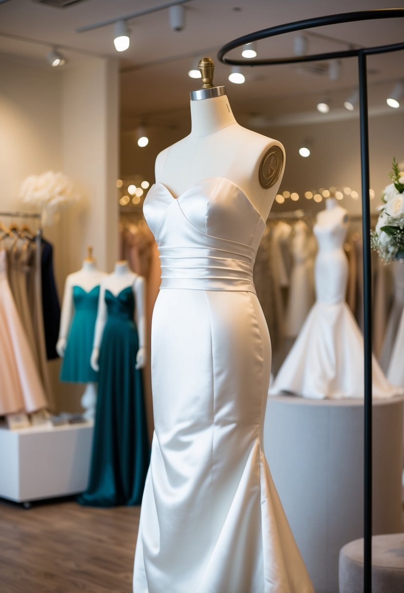 A mannequin wearing a classic duchess satin dress on a sleek display stand in a softly lit bridal boutique showroom