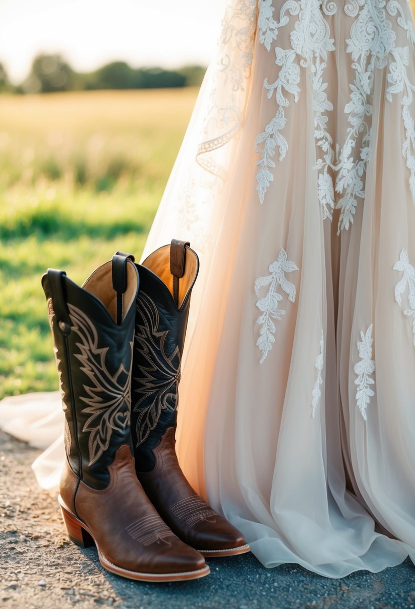 A pair of cowboy boots placed next to a flowing, lace-trimmed western wedding dress