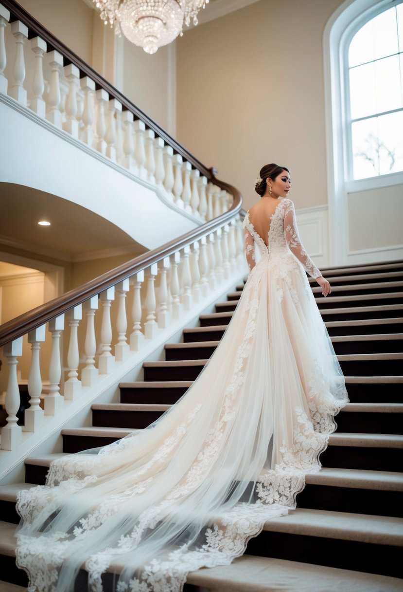 A flowing ivory lace and tulle gown cascading down a grand staircase