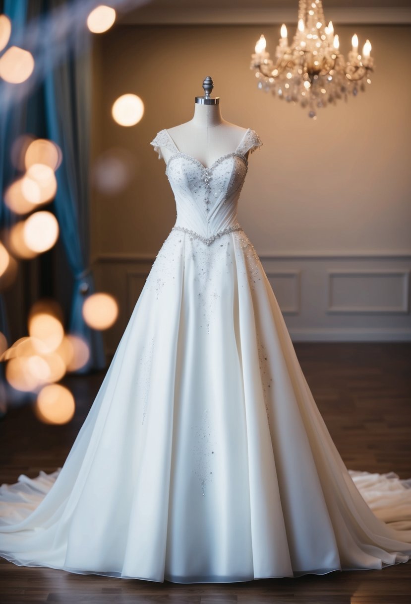 A flowing, floor-length princess wedding dress with a fitted bodice and a-line skirt, adorned with delicate lace and sparkling beading