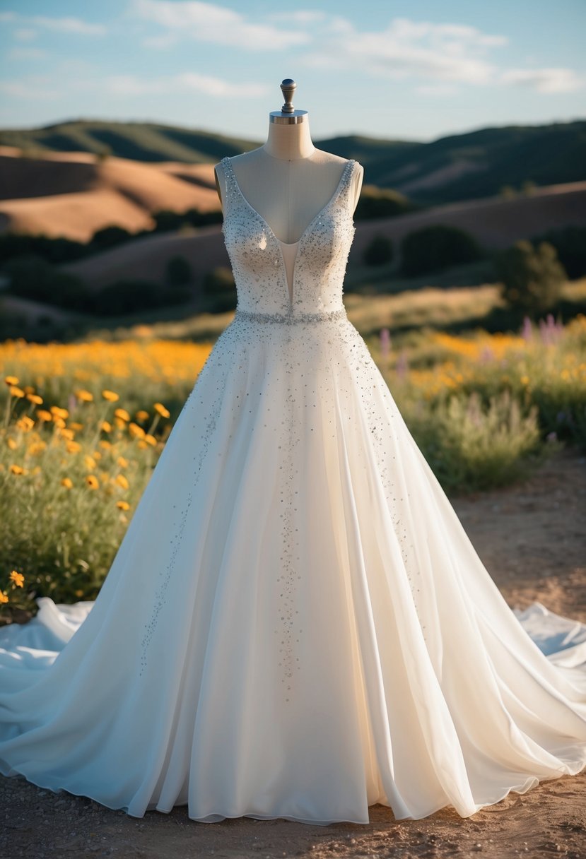 A flowing white wedding dress adorned with sparkling rhinestone embellishments, set against a rustic western backdrop of rolling hills and wildflowers