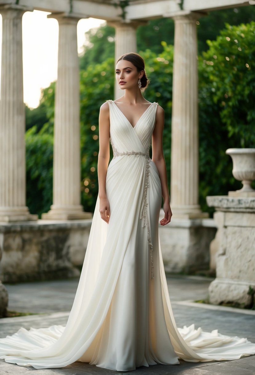 A flowing, Grecian-inspired draped gown, adorned with delicate details, set against a backdrop of ancient columns and lush greenery