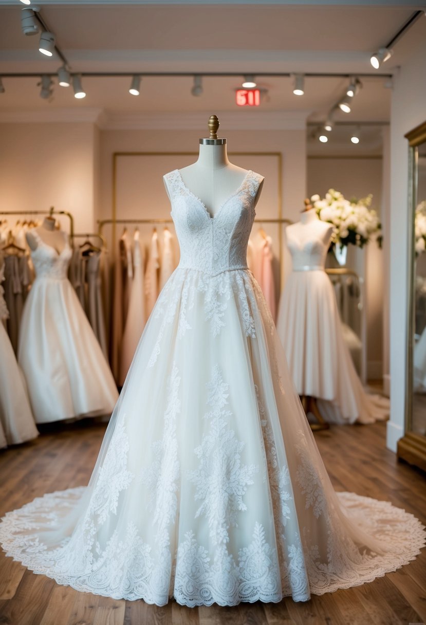 A vintage lace A-line princess wedding dress displayed on a mannequin in an elegant, softly lit boutique showroom