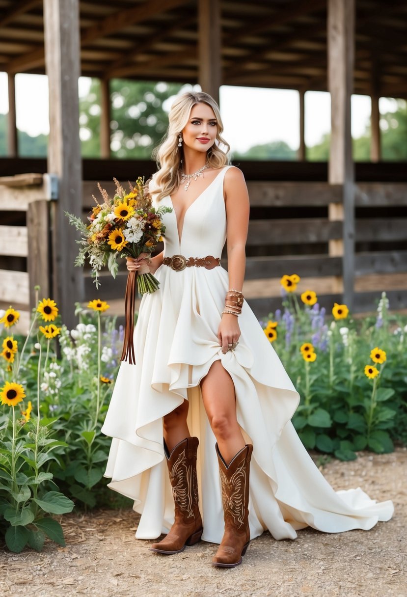 A rustic barn setting with a bride wearing a flowing western wedding dress adorned with bold suede accessories. Wildflowers and cowboy boots complete the look