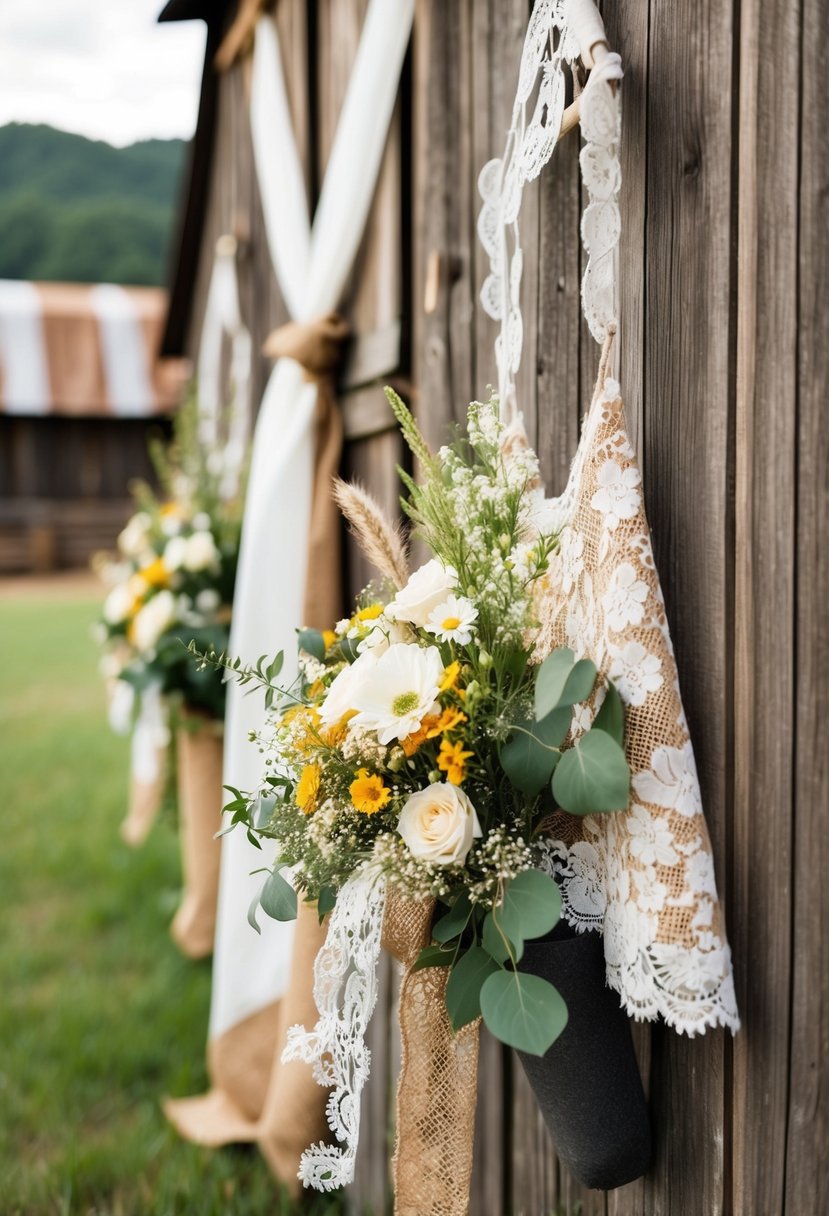 A rustic barn adorned with elegant western wedding decor, featuring lace, burlap, and wildflowers