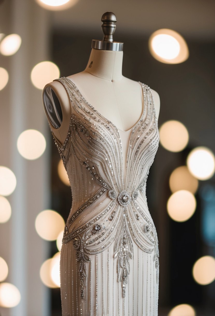 A sleek, shimmering column dress adorned with intricate beading and Art Deco-inspired details, exuding classic elegance fit for a glamorous wedding