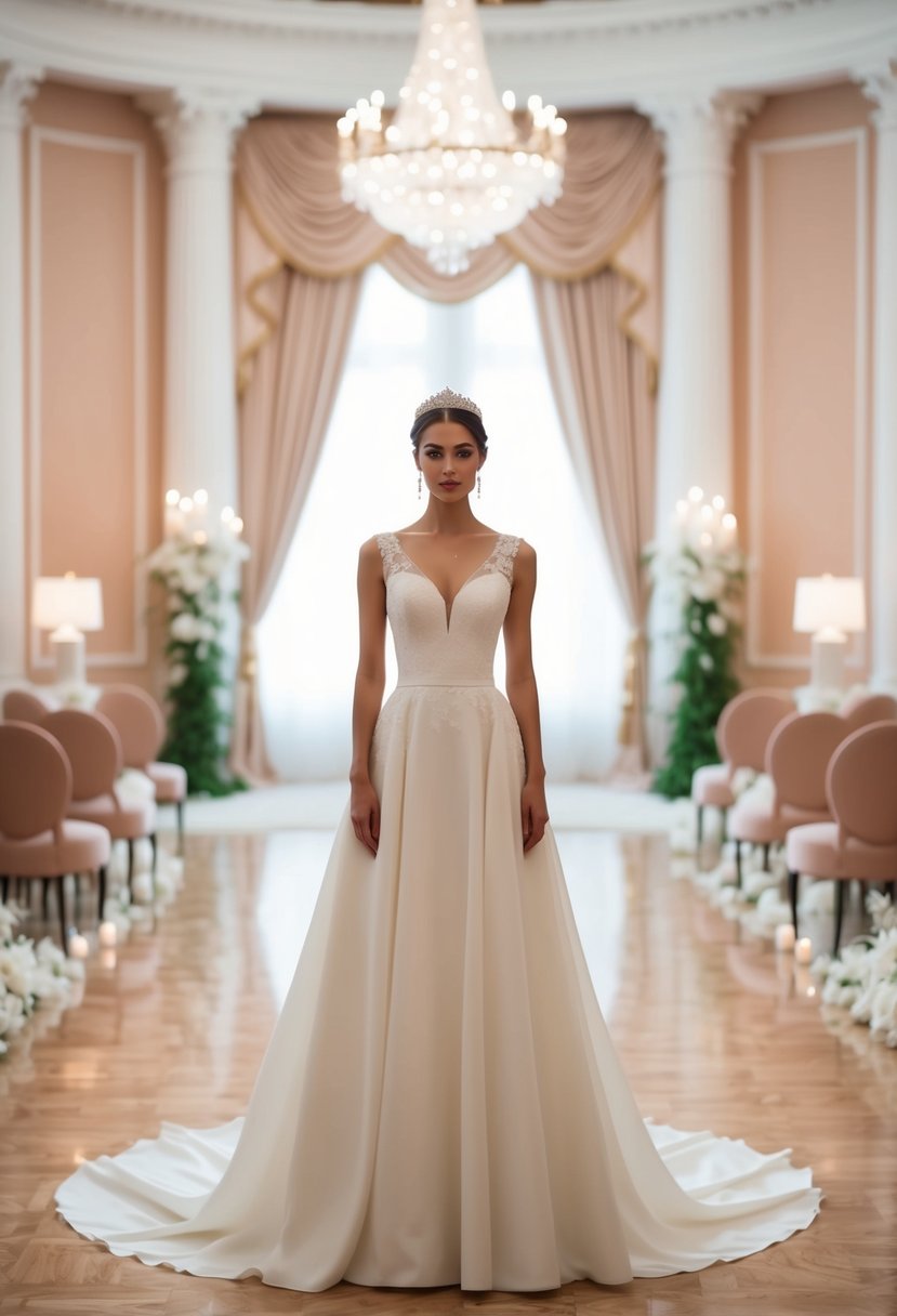 A modern princess stands in a grand ballroom, surrounded by soft blush tones and elegant decor, wearing a flowing A-line wedding dress