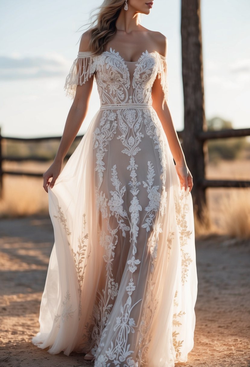 A flowing, off-the-shoulder wedding gown adorned with intricate bohemian floral patterns, set against a rustic western backdrop