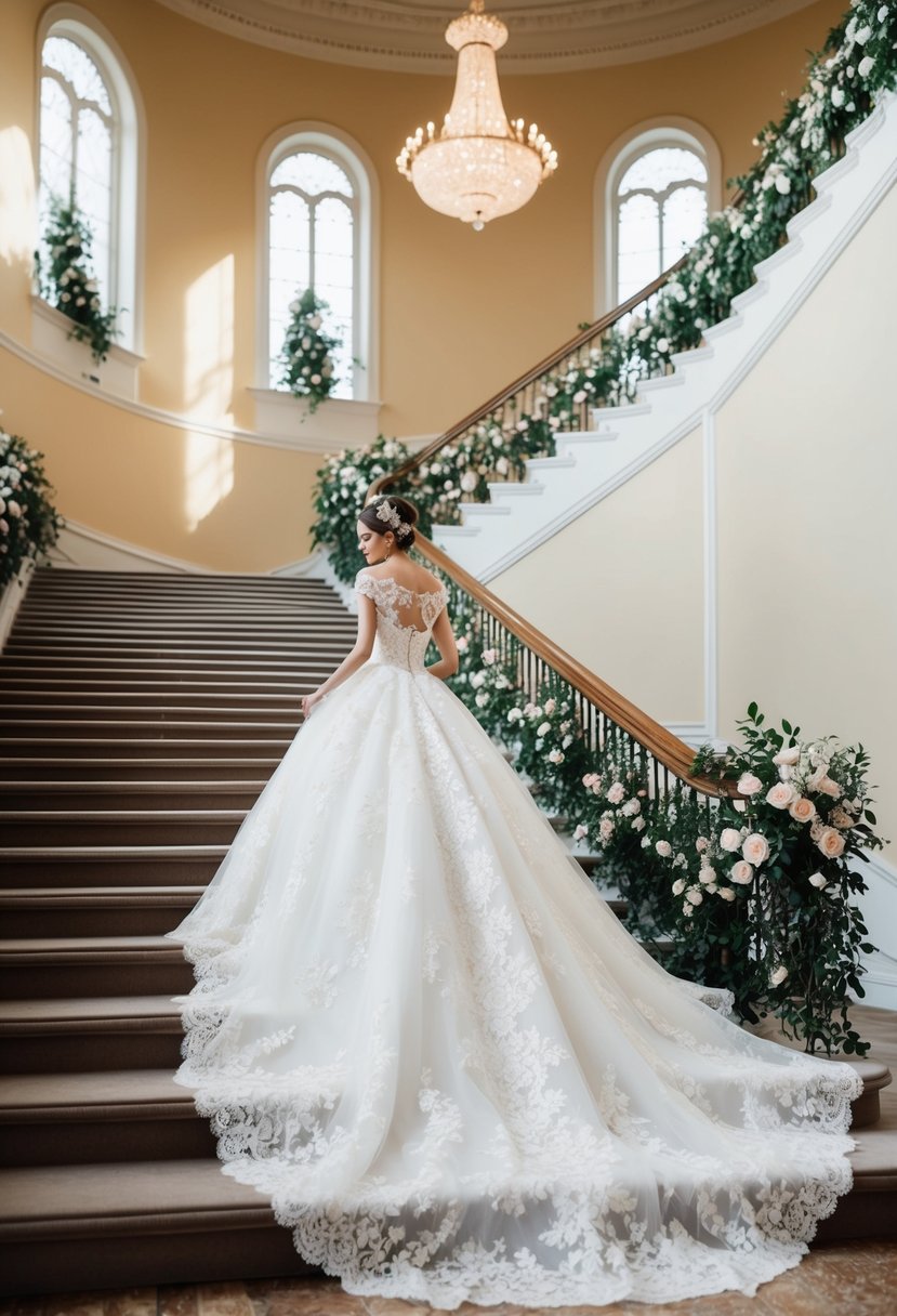 A delicate white lace A-line princess wedding dress, adorned with intricate floral patterns, cascading down a grand staircase in a sunlit ballroom